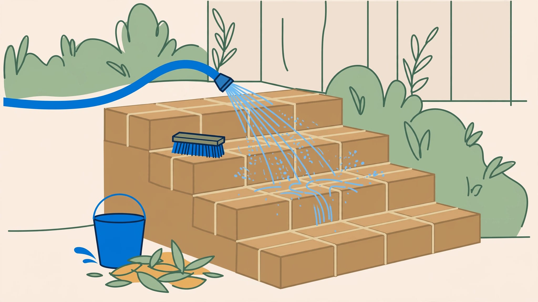 A hose rinses brick steps beside a scrub brush, bucket, and swept leaves.