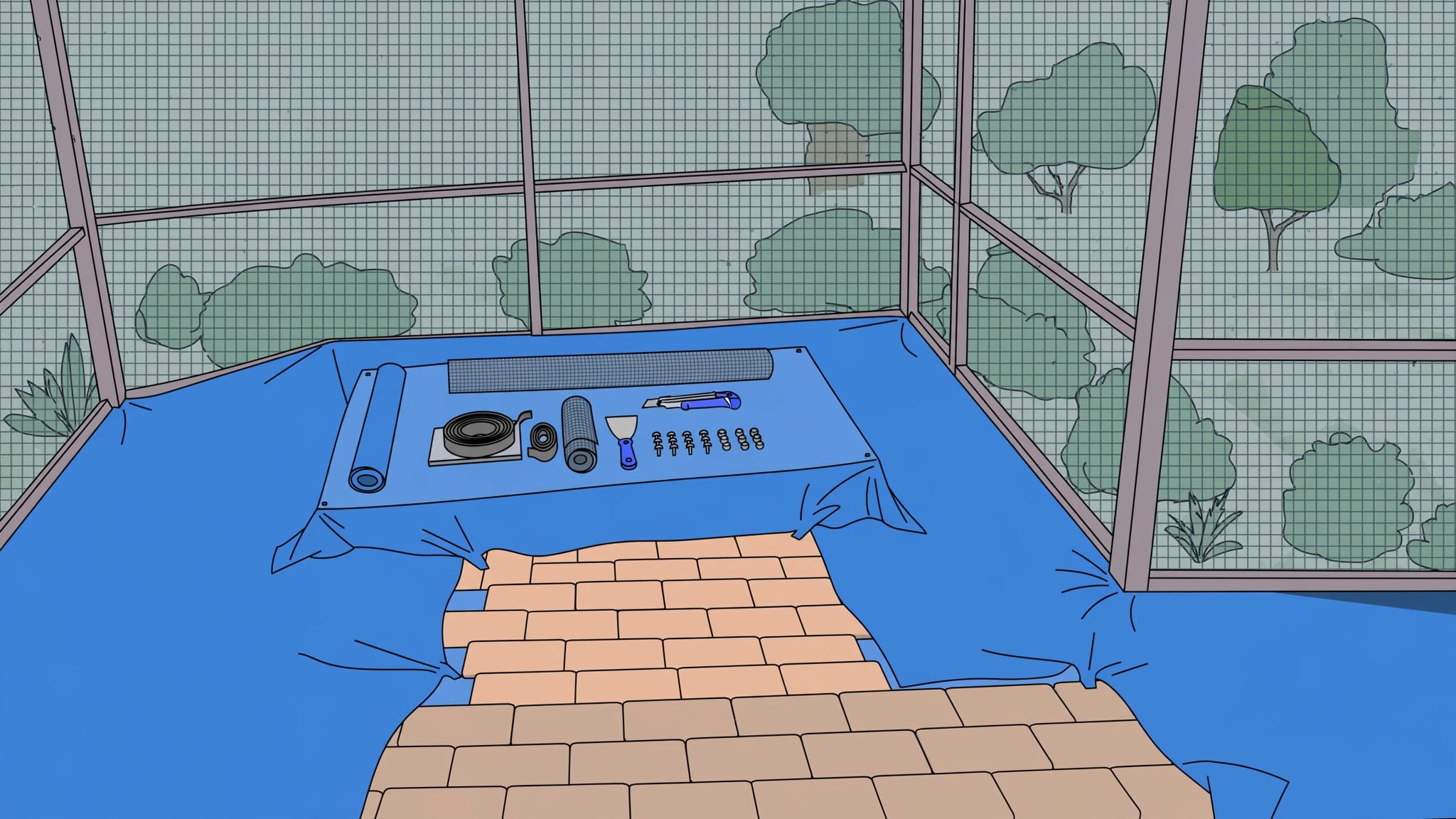 Coverings protect patio pavers beside repair tools and replacement screen material.