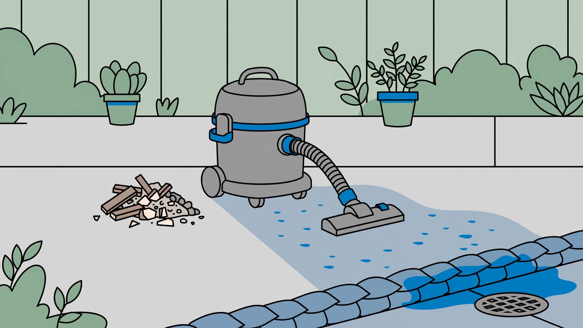 A shop vacuum and debris beside a damp patio area, away from a storm drain.