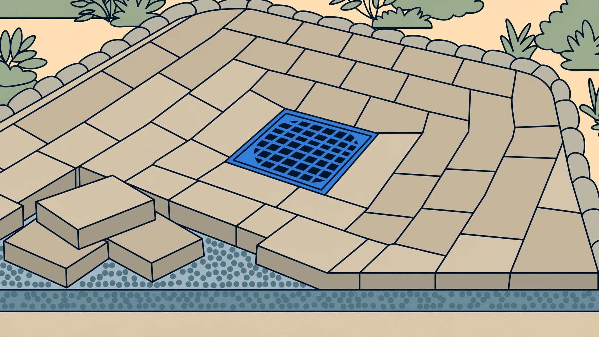 Lifted patio pavers expose the base beside a square drain grate.