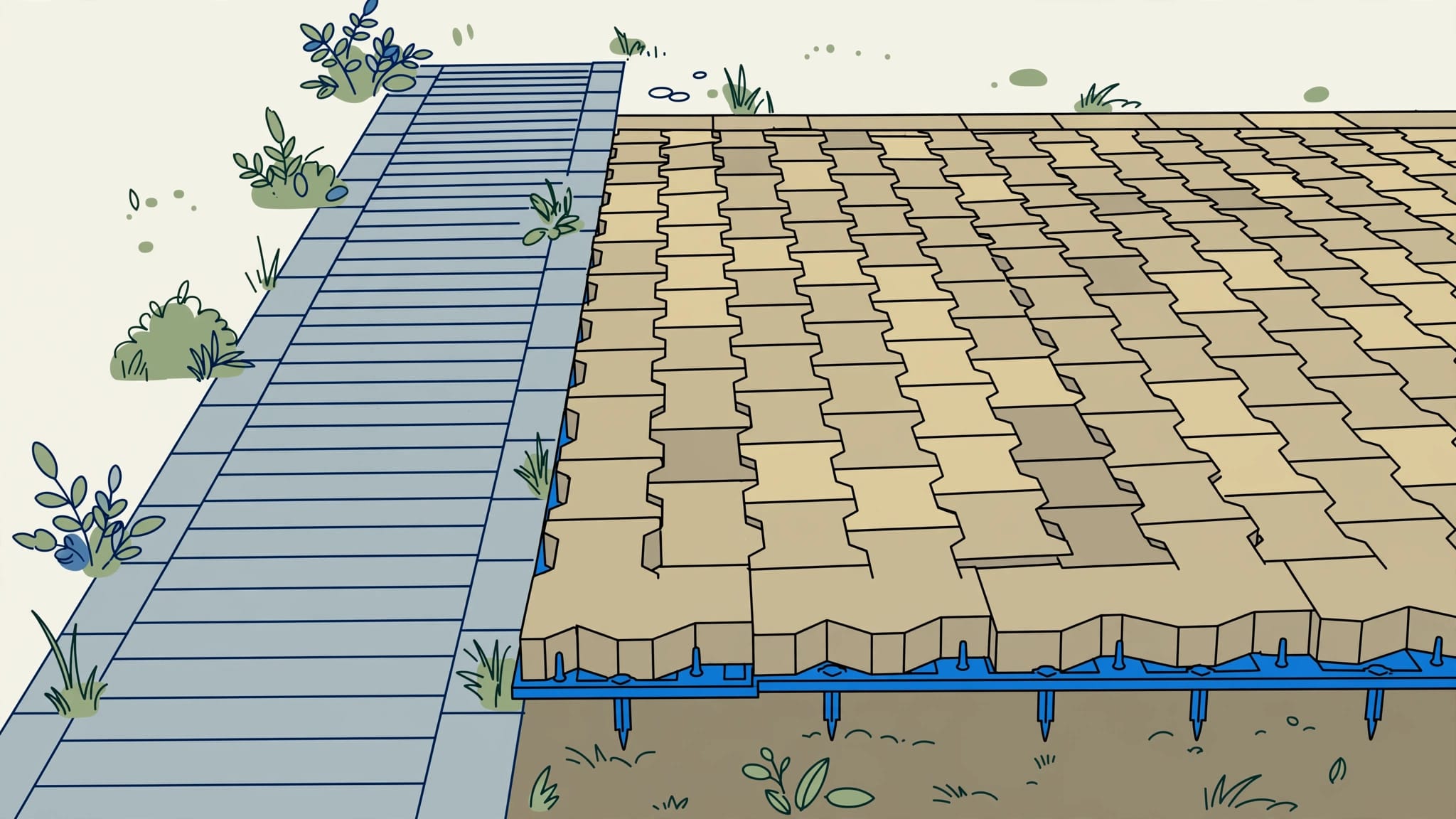 A secure restraint holds the edge of a paver patio beside a walkway and garden plants.