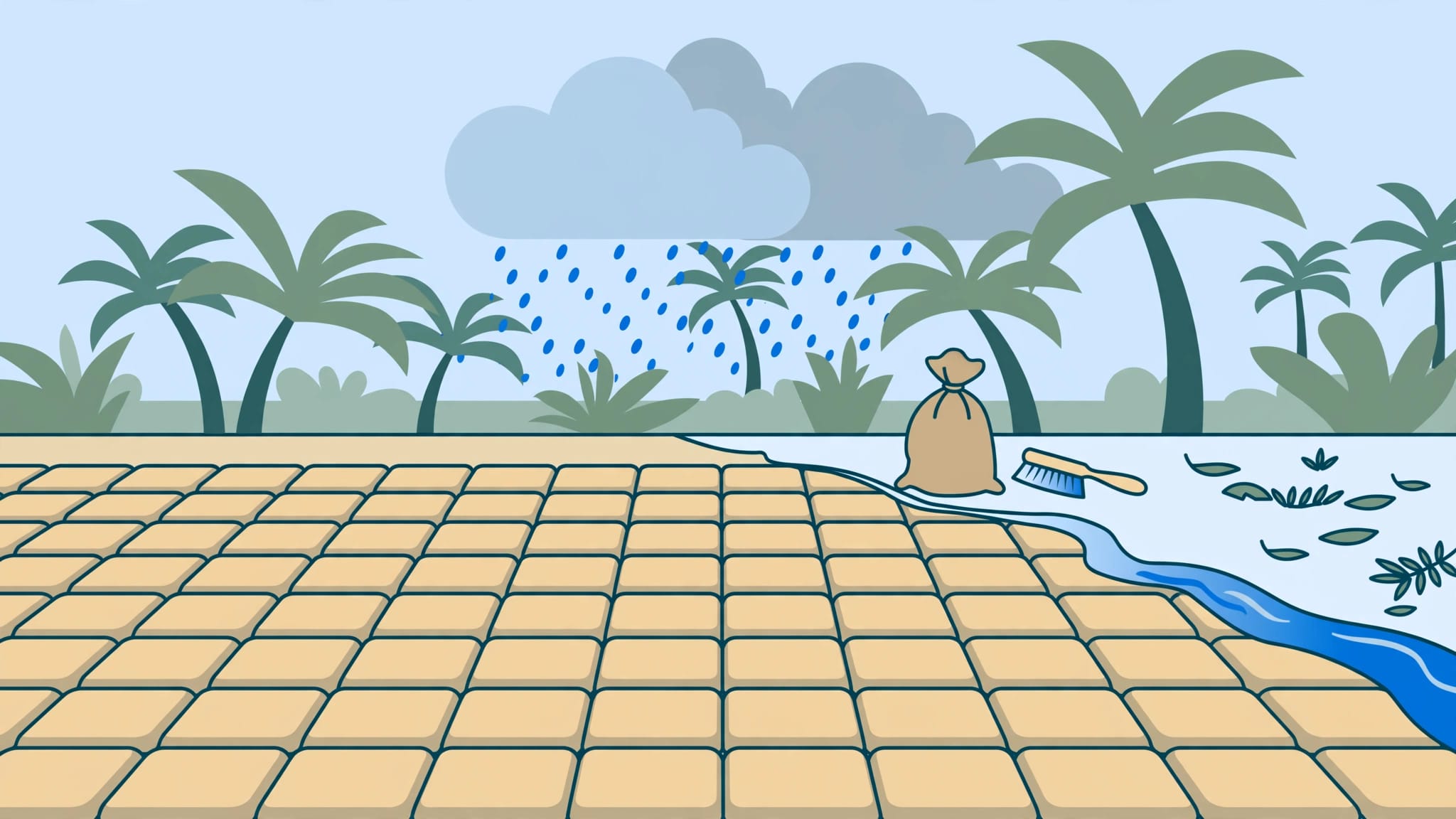 A paver patio with scattered leaves, runoff, a brush, and a bag of joint sand.