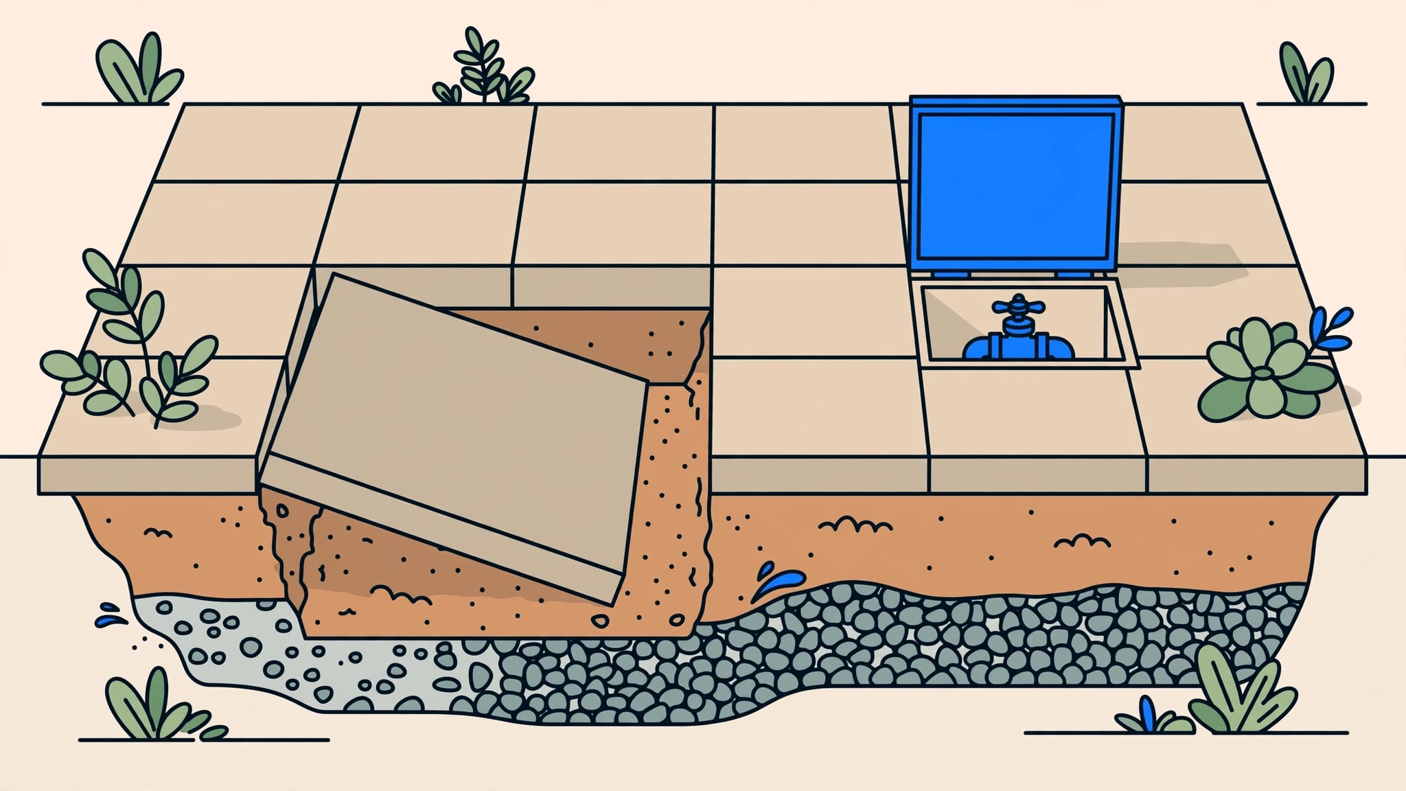 Patio pavers sink beside a valve box, exposing loose soil and gravel.