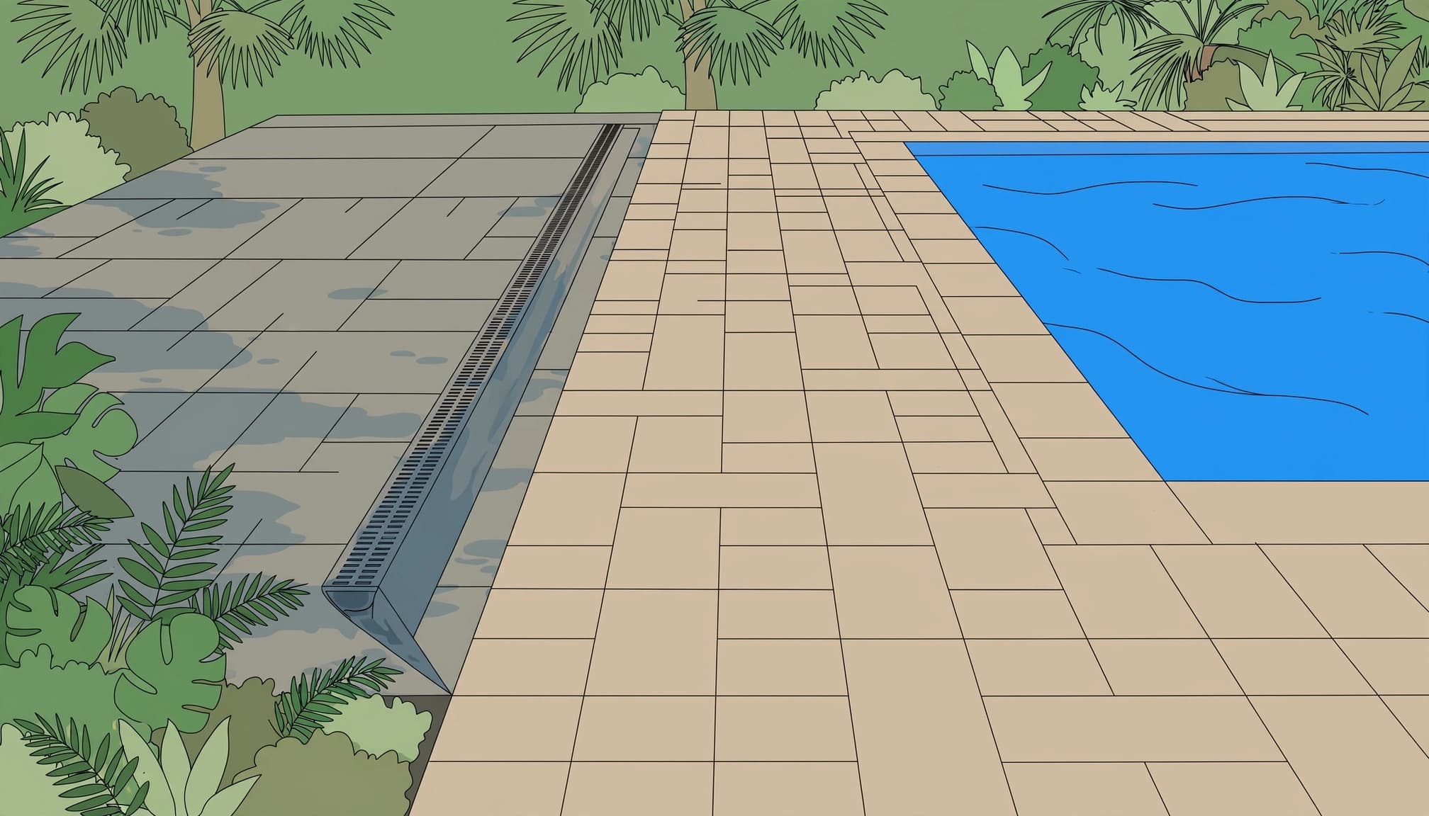 A paver pool deck drains toward tropical plants, with shaded damp stones beside dry sunlit pavers.
