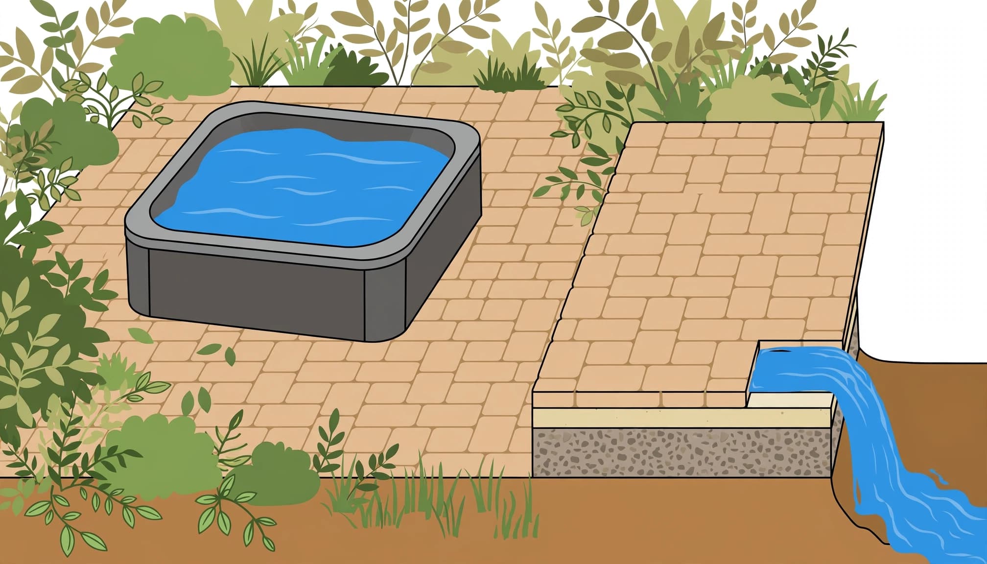 Illustrated paver patio hot tub foundation with compacted base layers and drainage