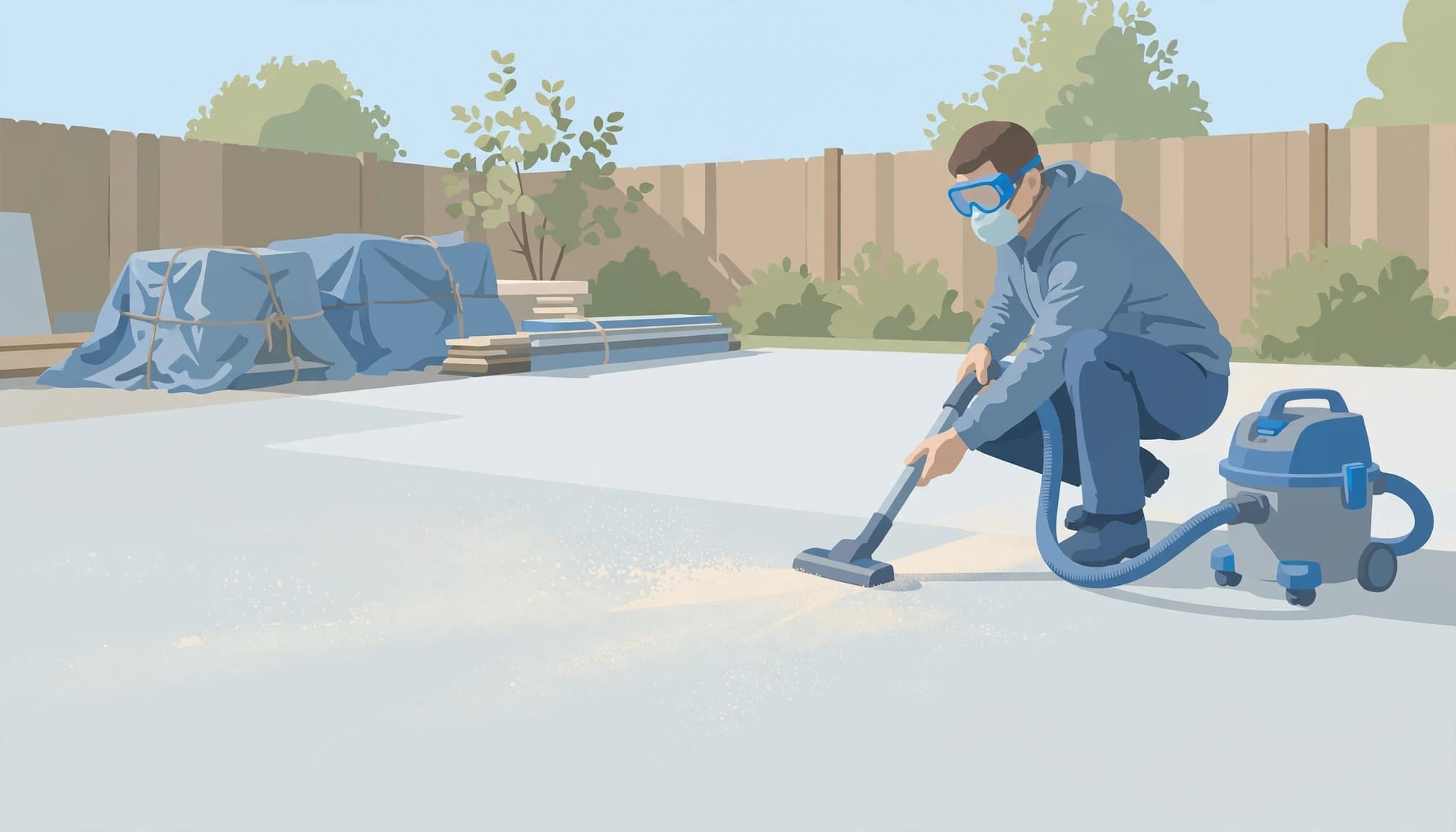 Illustration of construction dust removal using a HEPA vacuum on an outdoor concrete patio.