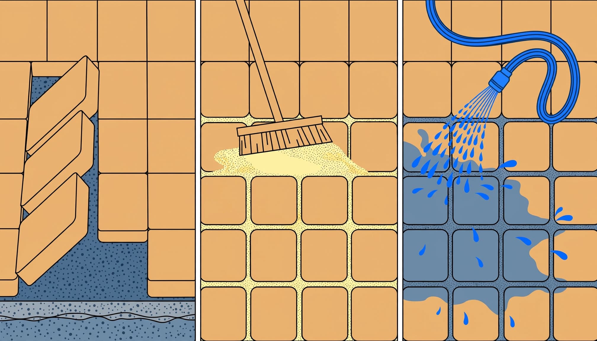 Paver restoration sequence showing lifted pavers, replacement joint sand, and controlled watering.
