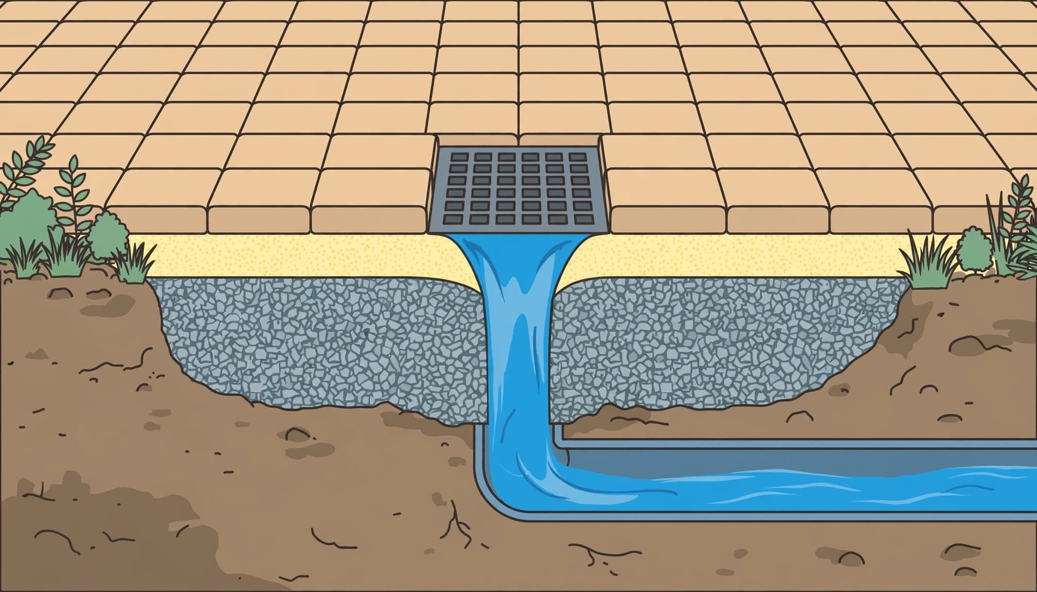 Illustrated cross-section showing pavers, bedding, aggregate support, and a drain outlet.