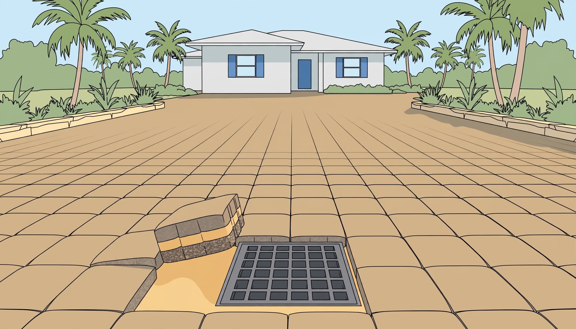 Illustration of drain inlet paver repair with lifted pavers beside a square grate.