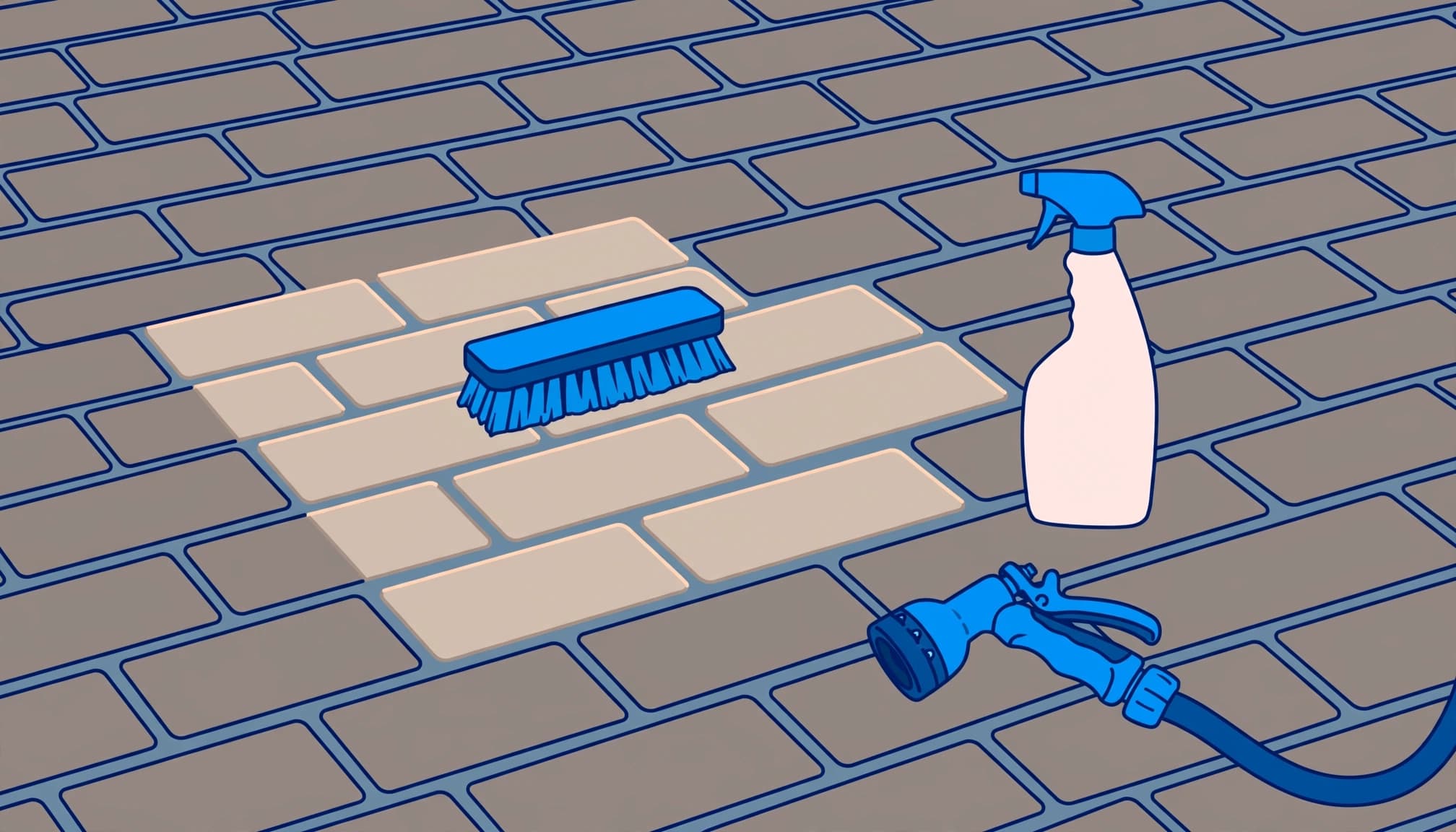 Brush and hose beside a test area for polymeric sand haze removal