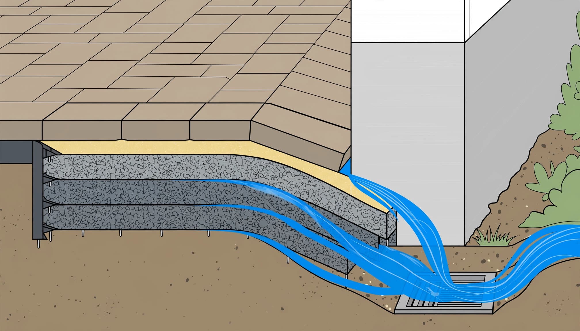 Illustration showing how drainage, compacted aggregate, and consistent bedding help prevent paver shifting.