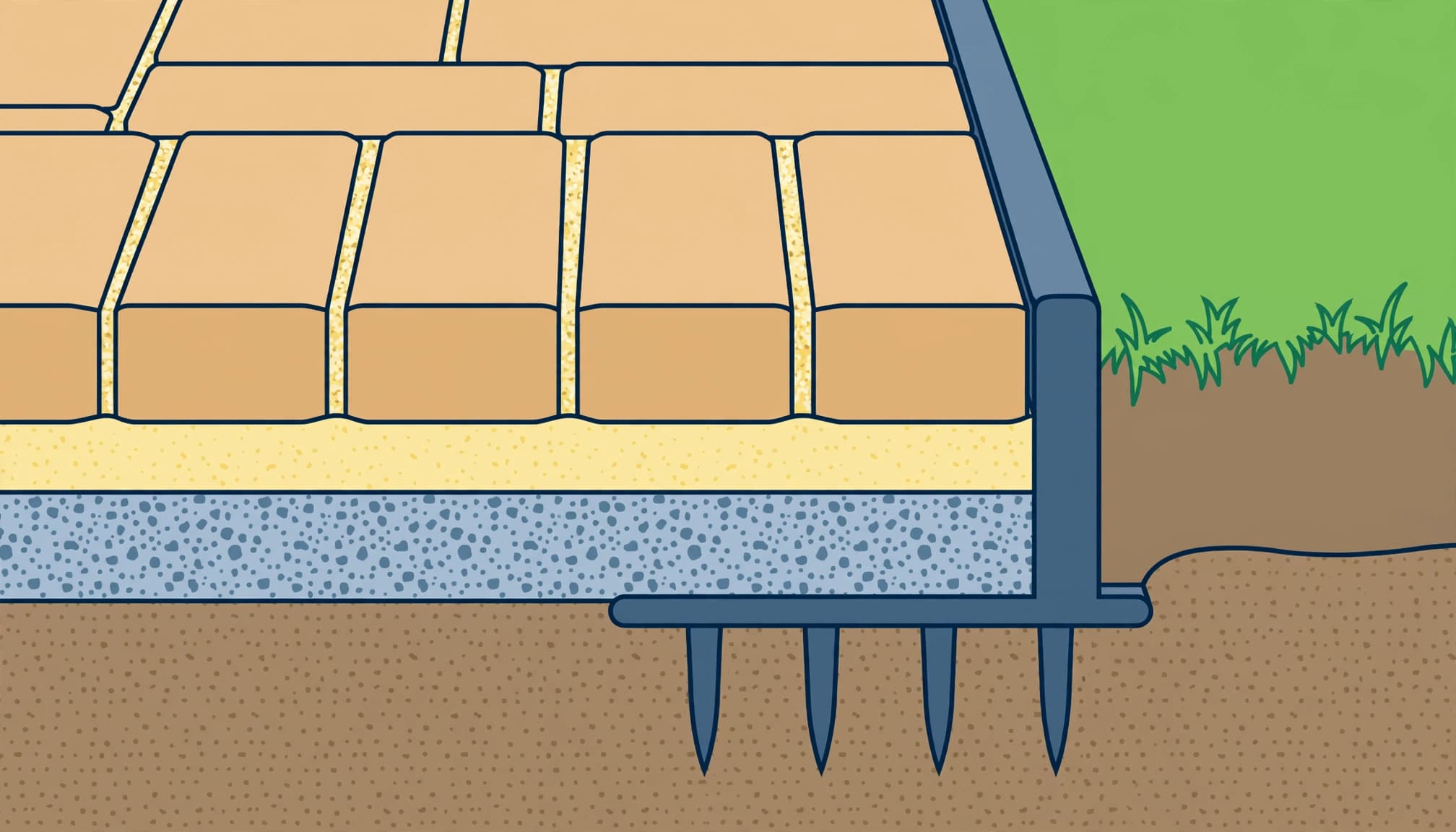 Paver edge restraints holding patio pavers beside a lawn