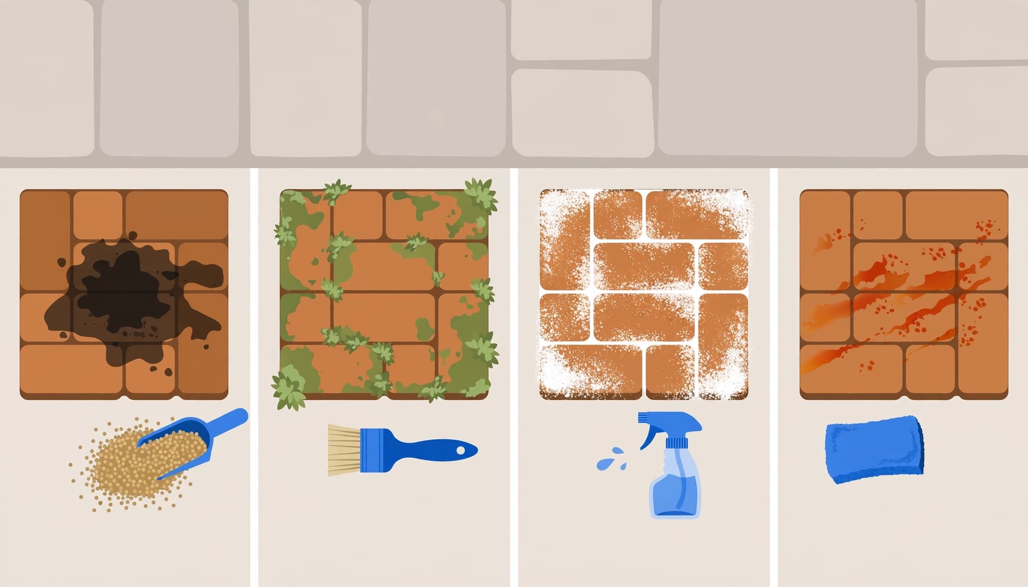 Stain examples that help homeowners clean brick paver steps with the right treatment