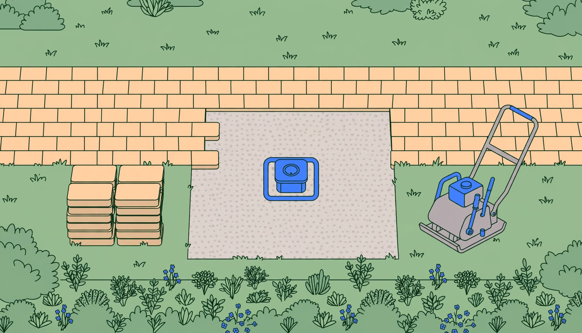 Illustration of a sinking pavers repair with exposed gravel base, stacked pavers, and a plate compactor.