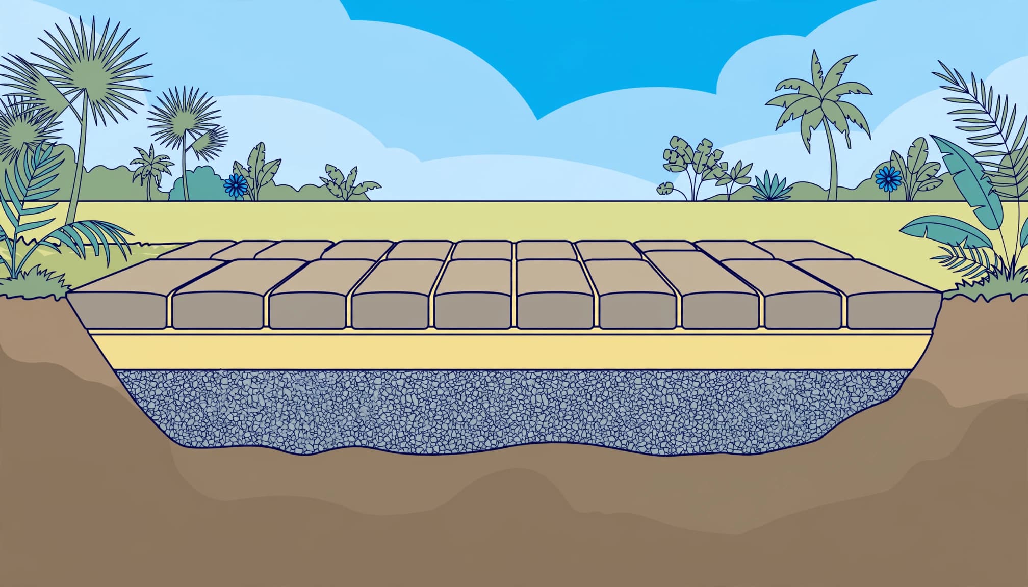 Illustrated cross-section showing pavers supported by bedding sand and a compacted aggregate base.