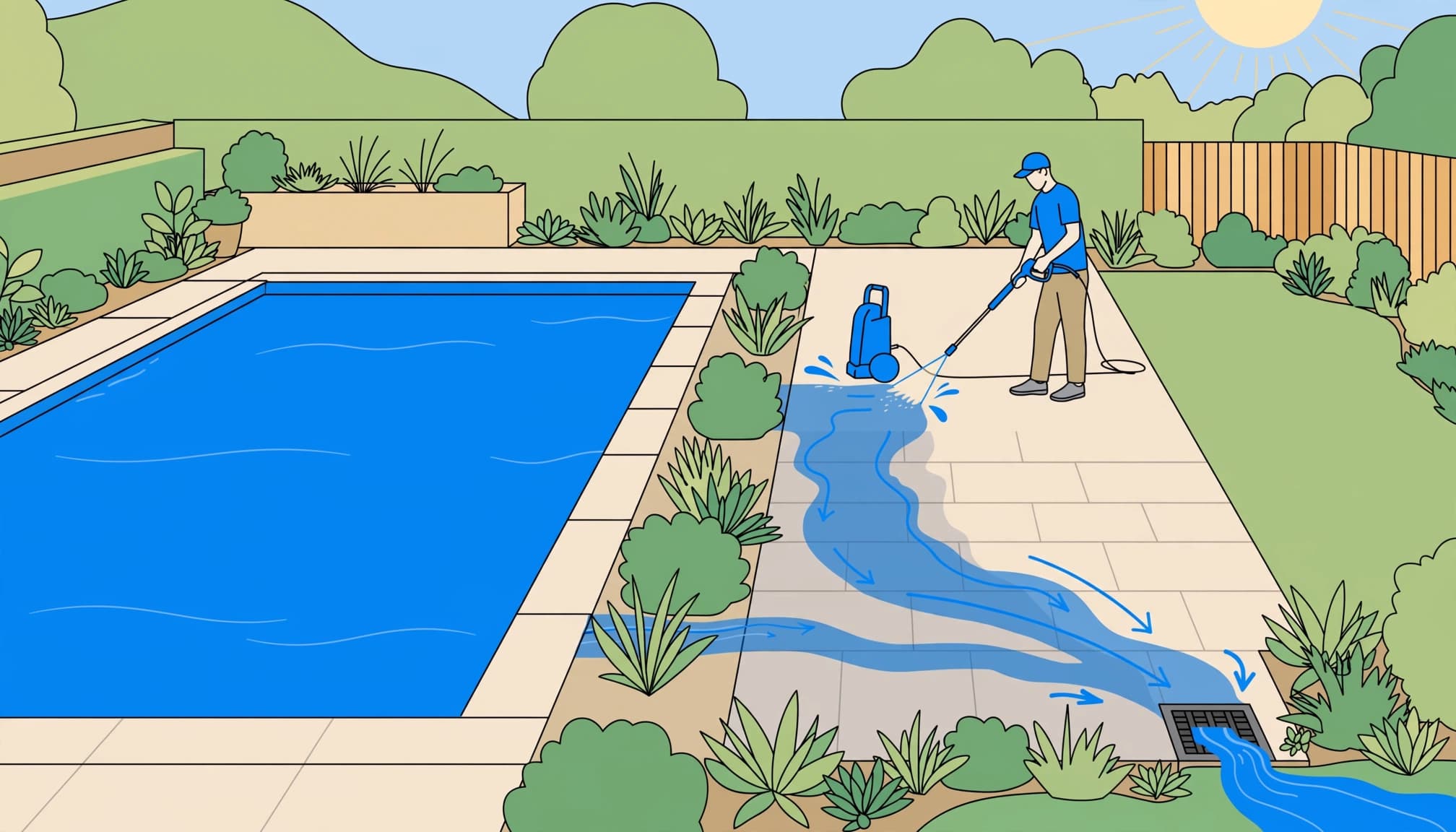 Pool water clarity protected by directing deck-cleaning runoff away from the swimming pool.