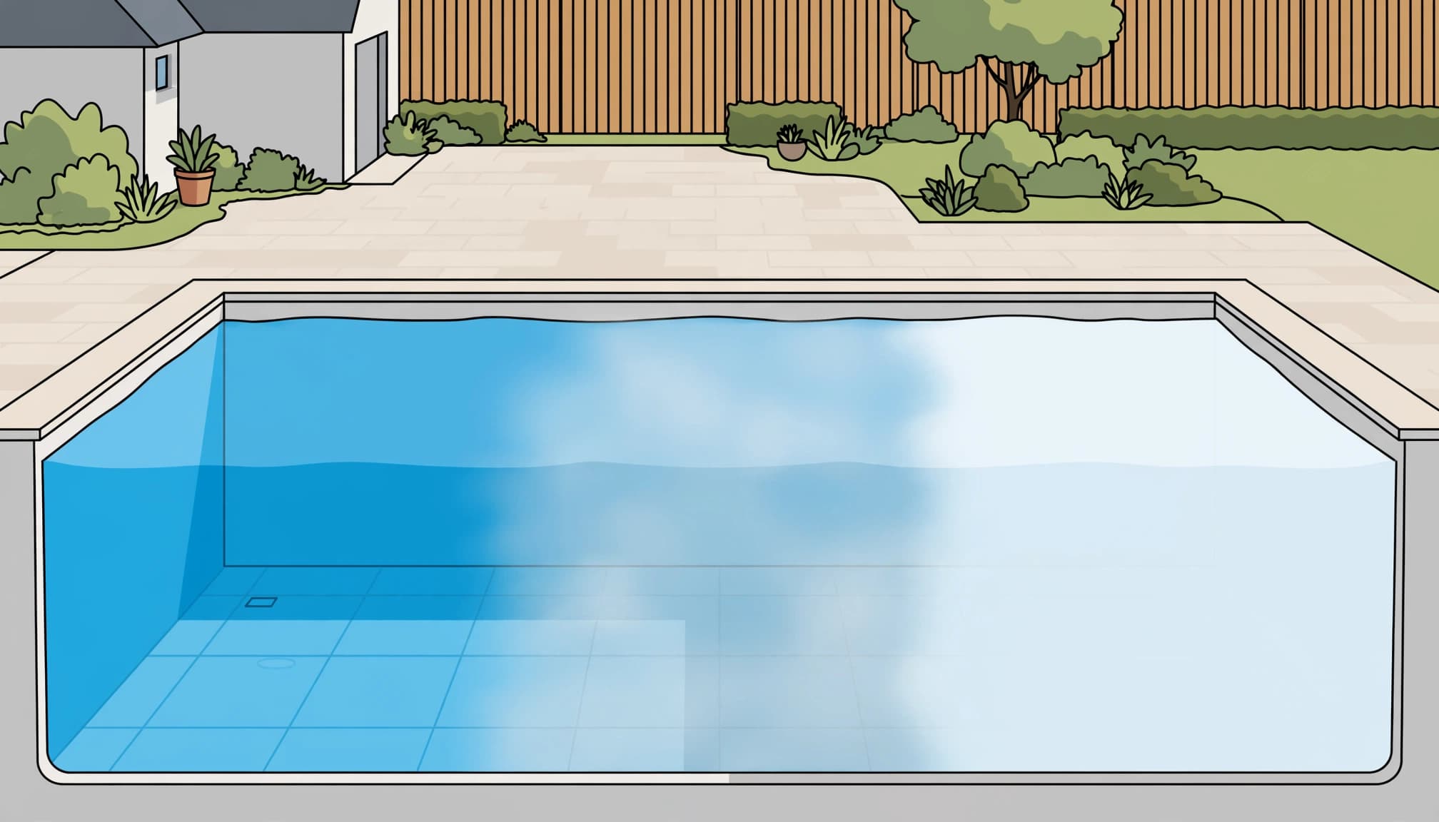 Pool water clarity comparison showing clear, hazy, and milky swimming pool water.
