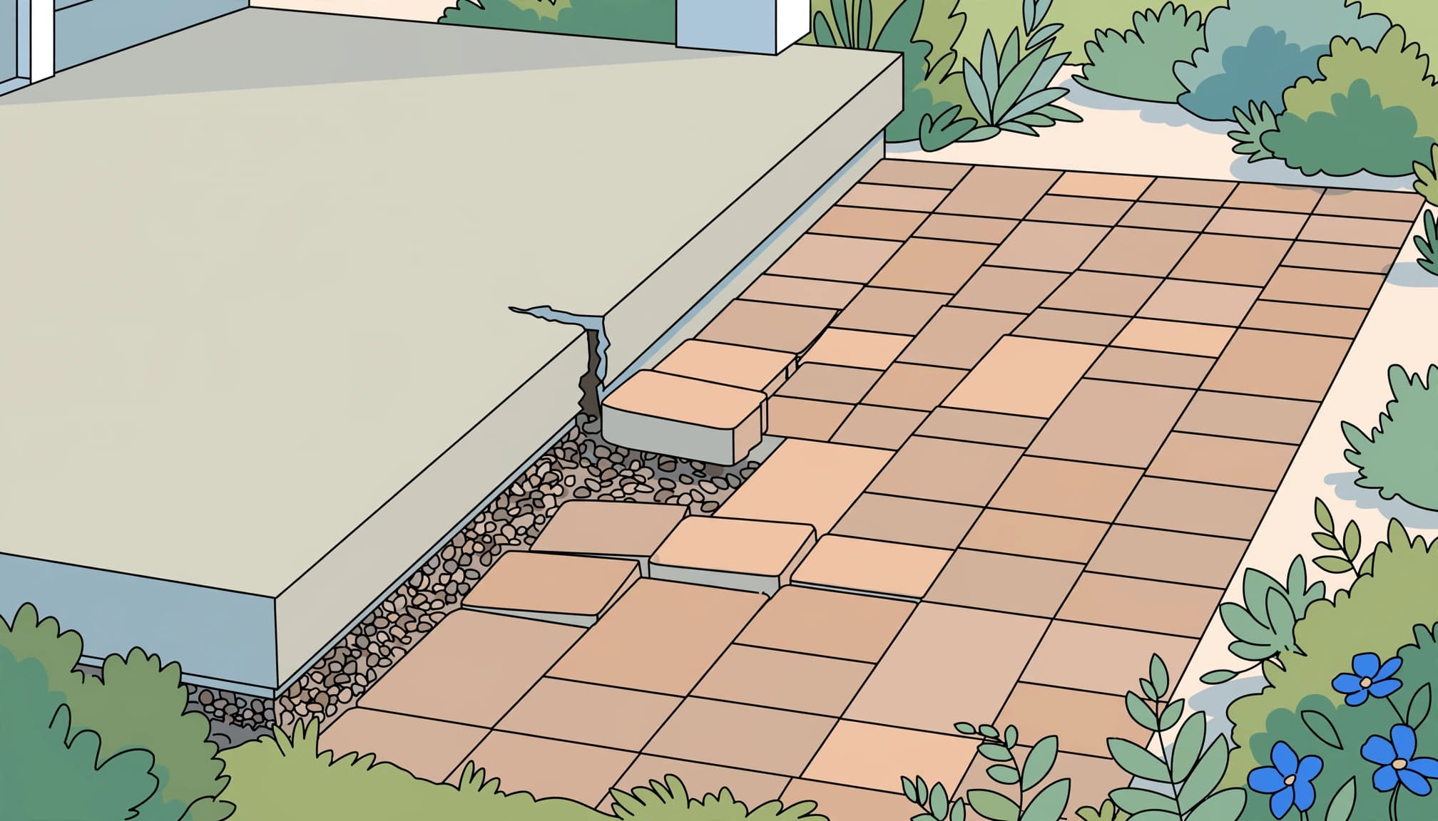 Illustration of paver walkway separation at a concrete porch with settled pavers and exposed gravel.