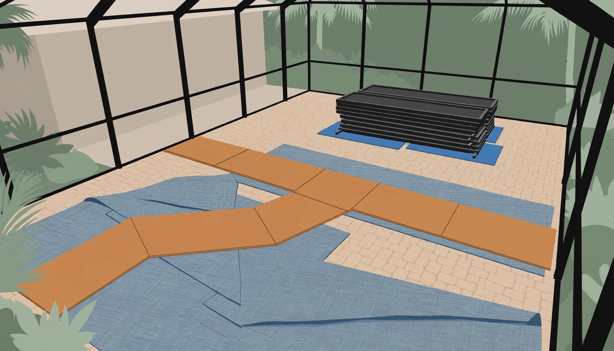 Protective sheets and plywood paths help protect pavers during screen enclosure repairs.