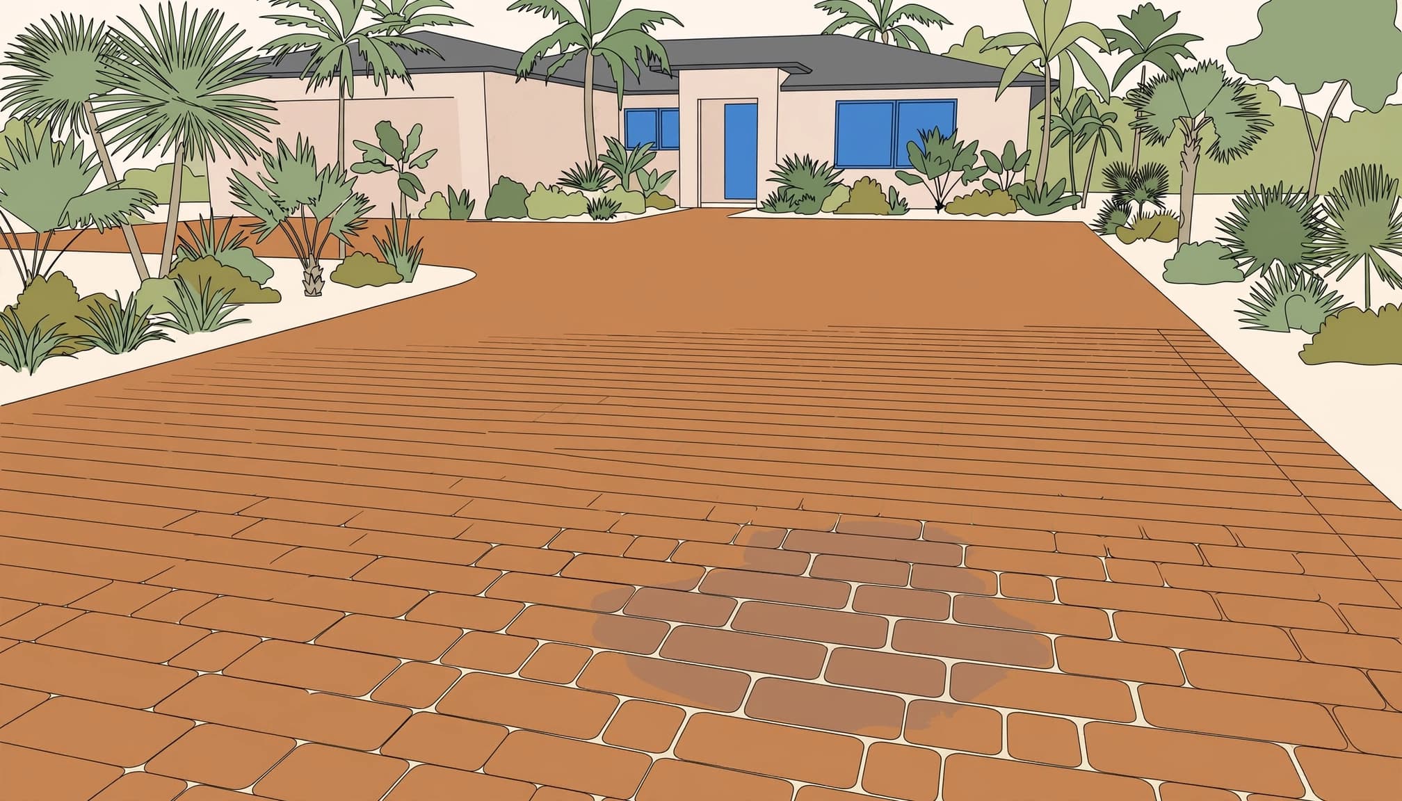 Southwest Florida paver maintenance on a residential driveway bordered by palms