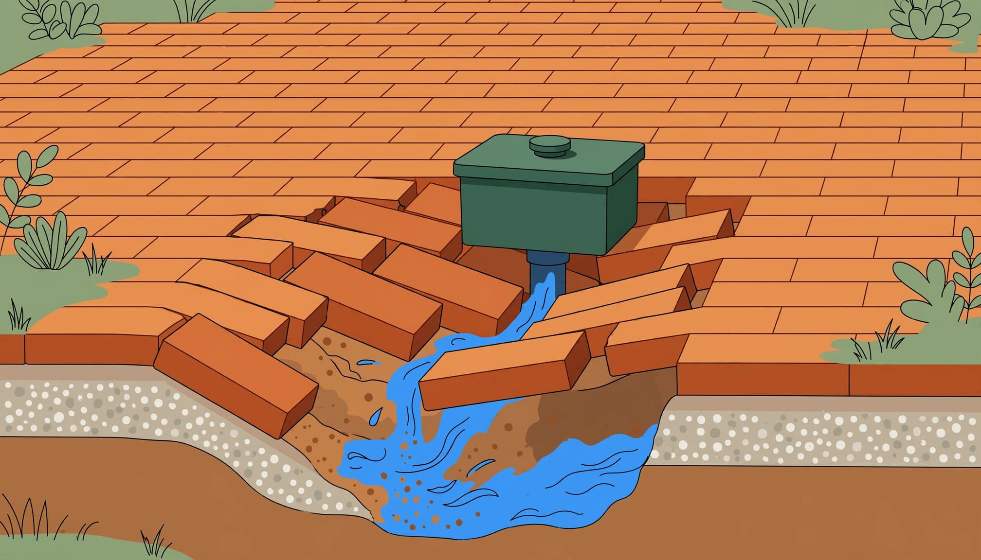 Illustration of sinking pavers around an irrigation valve box with washed-out support underneath.
