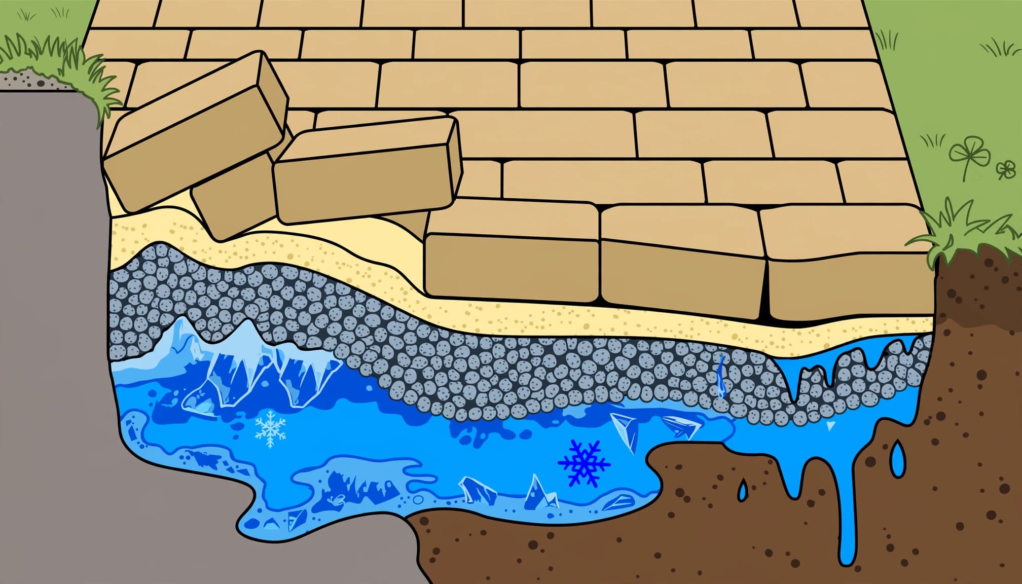 Illustration of paver shifting caused by trapped water, frost heave, and uneven settlement beneath a patio.